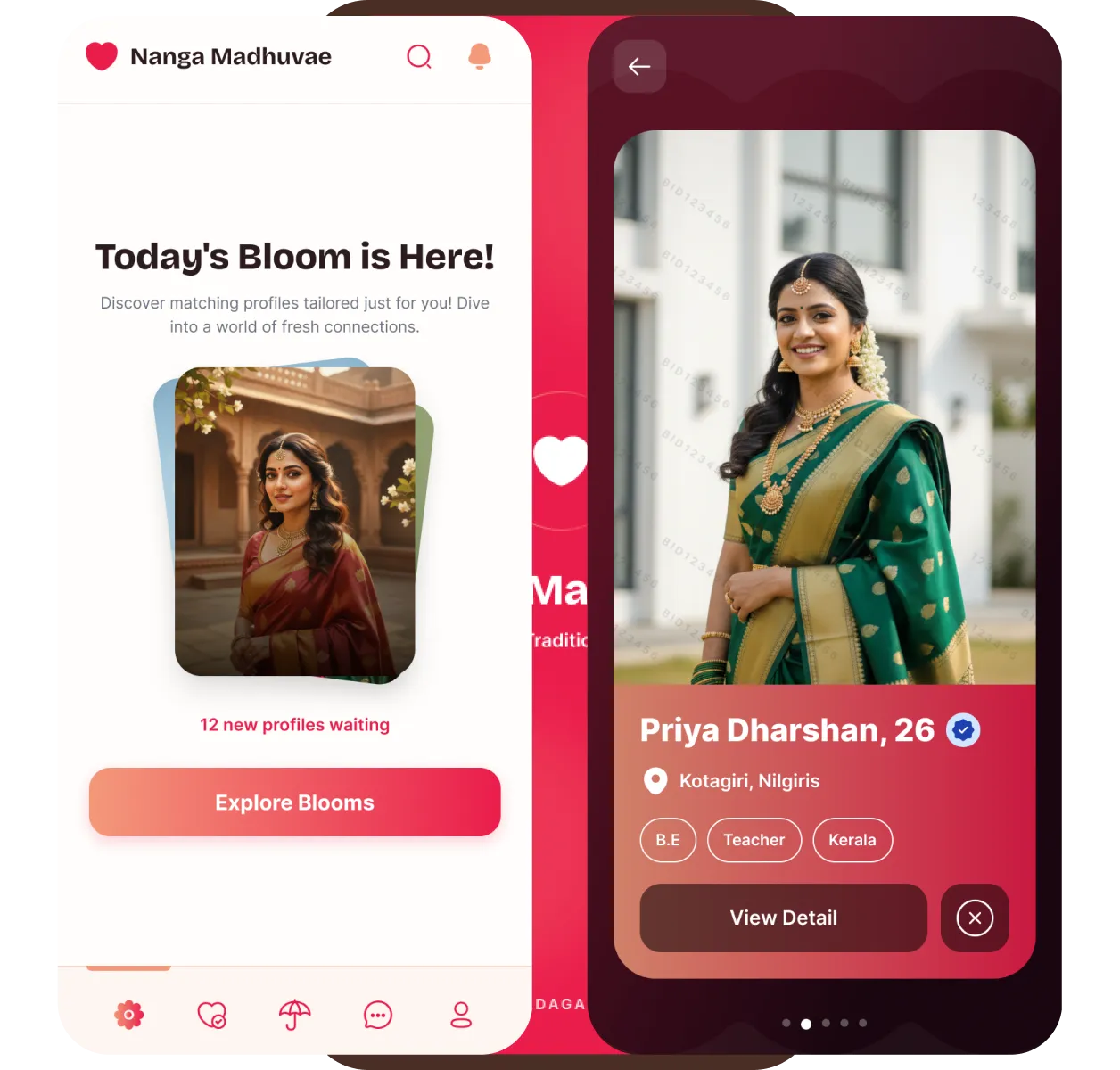Nanga Madhuvae Badaga matrimony app interface showing member profile cards and Daily Bloom recommendation